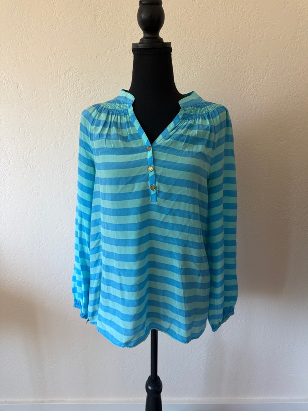 LILLY PULITZER SILK Striped V-Neck Peasant Blouse in Aqua Blue XS